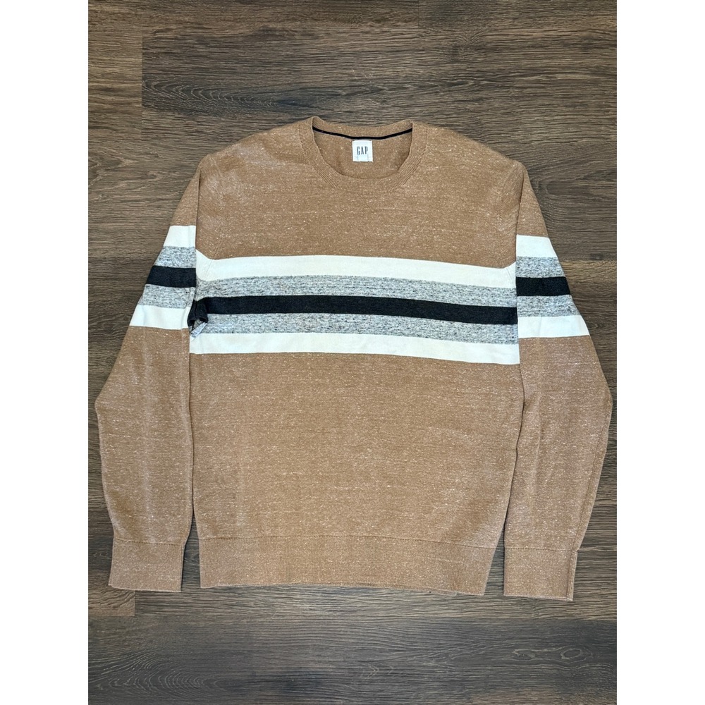 GAP Striped Crewneck Sweater Mens L Brown Gray White Pullover